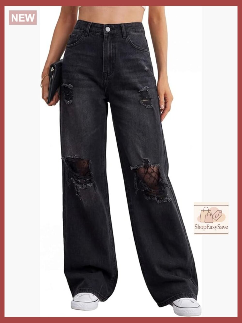Baggy Wide Leg Ripped Distressed Jeans Trendy Pull On Stretchy Mid Rise Denim
